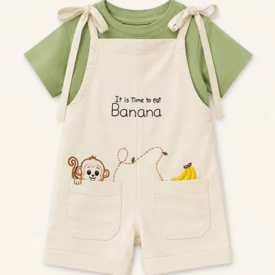 Banana Monkey Tie-Strap Dungaree Set — Baby Boys 2-Piece Romper & Tee