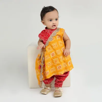Maroon and Mustard Yellow - Angrakha Kurta Dhoti Ethnic Set