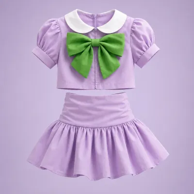 Lilac Bloom Green Bow Collar Set — Girls Puff Sleeve Top & Skater Skirt