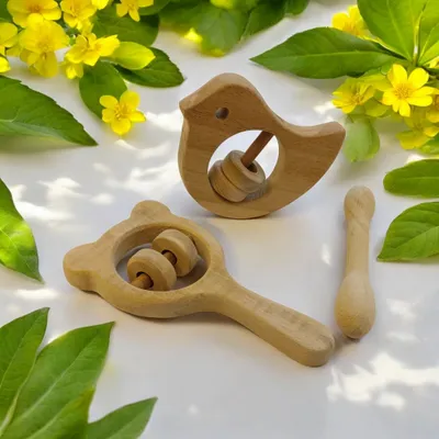 Combo of Rattles & Teether - Dove, Mickey Head & Dumbbell Shapes