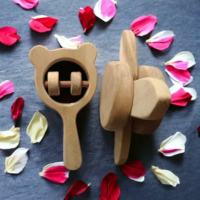 Sensory Developing Neem Wooden Flower Tumbler & Mickey Head Rattle - For 0-3 Year Babies