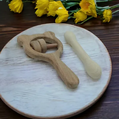 Neem Wooden Rattle & Teether of Shapes - Mickey Head & Dumb Bell