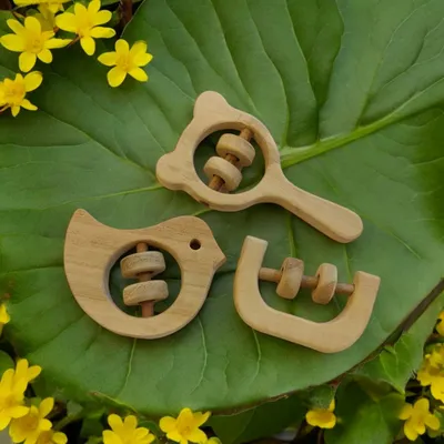 Pure Neem Wooden Rattles|Sound Making Toys For Toddlers| Mickey Head , C Shape & Dove