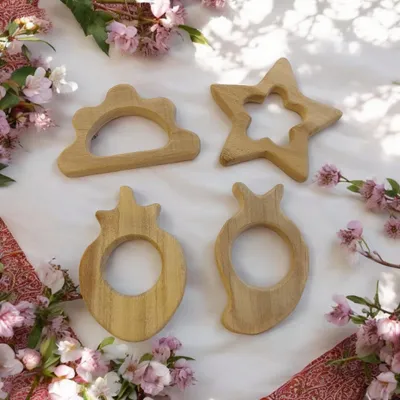 Pack of 4 Neem Wooden Teethers For Babies Of Age 0 To 3 Years |Star, Cloud, Strawberry & Mango