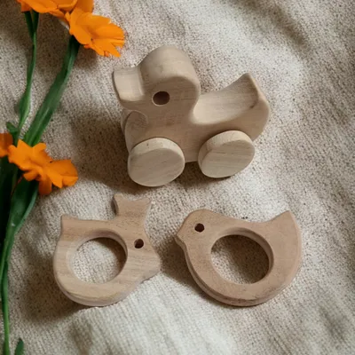 100% Natural Neem Wooden Wheel toy & Teether -Duck, Dove & Rabbit Shapes