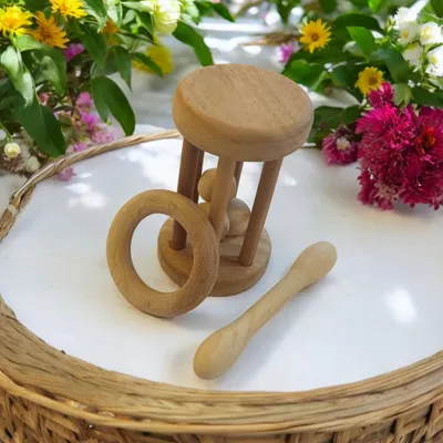 Combo of Neem Wooden Tumbler Rattle & Teethers of Shapes - Dumbbell & Ring