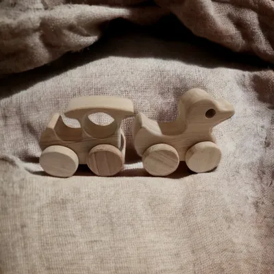 Pack of 2 Beautiful Neem Wooden Wheel Toys - Train & Duck Shapes