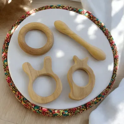 Delicious Teethers - Dumbbell, Ring, Bunny & Mango Shapes - From Premium Neem Wood