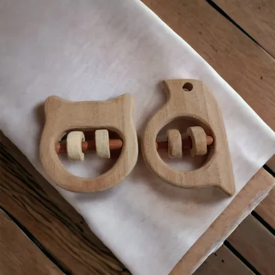 Nice Sound Making Neem Wooden Rattles for Toddlers- Hippo Head & Sparrow Shapes
