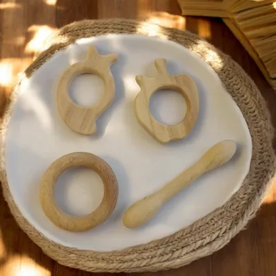 Baby Neem Wooden Teethers - Apple, Mango, Dumbbell & Ring