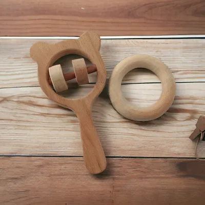 Neem Wooden Combo of Rattle & Teether- Mickey Head & Ring Shapes