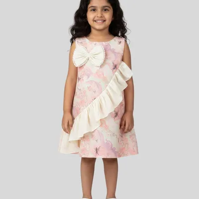 Girls Printed Sleeveless A-Line Dress with Ruffle & Bow Detail