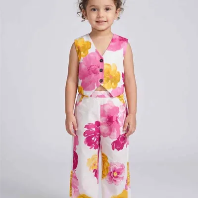 Girls Floral Printed Waistcoat Top & Palazzo Co-Ord Set