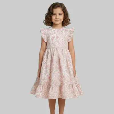 Girls Floral Print Ruffle Sleeve Fit & Flare Dress