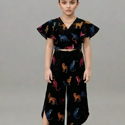 Girls Animal Print Crop Top & Palazzo Co-Ord Set