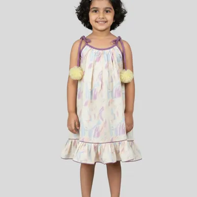 Girls Printed Shoulder Tie Sleeveless A-Line Dress with Pom Pom Detail