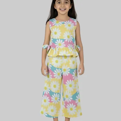 Girls Daisy Print Peplum Top & Palazzo Co-Ord Set