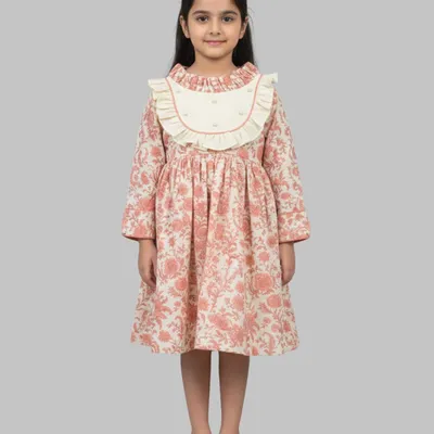 Girls Floral Print Frill Yoke A-Line Dress