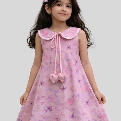 Girls Printed Sleeveless A-Line Dress with Peter Pan Collar & Heart Tassel Detail