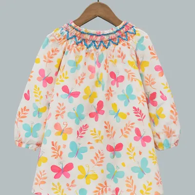 Girls Butterfly Print Smocked Neck Dress
