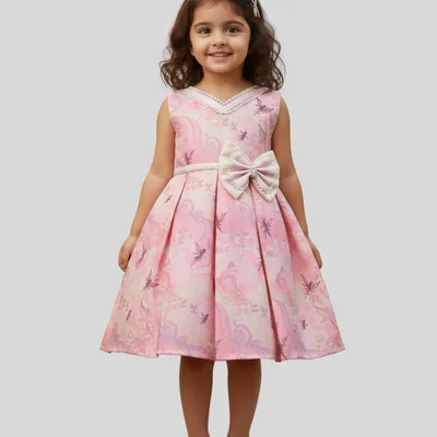 Girls Printed Sleeveless Party Wear Fit & Flare Dress with Bow Detail