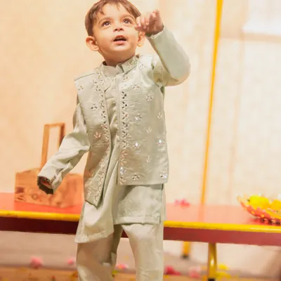 BLUE KURTA WITH MIRROR EMBROIDERED JACKET