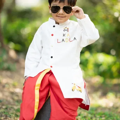 OFF WHITE MAA KA LADLA EMBROIDERY STYLISH KURTA DHOTI SET