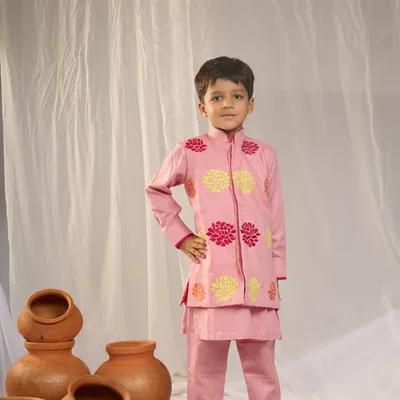 PINK KURTA EMBROIDERED JACKET WITH PANTS SET