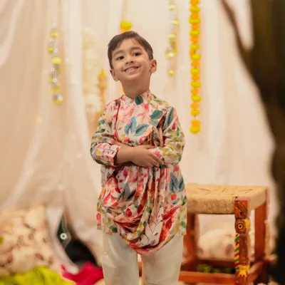 WHITE PRINTED COWL KURTA SET