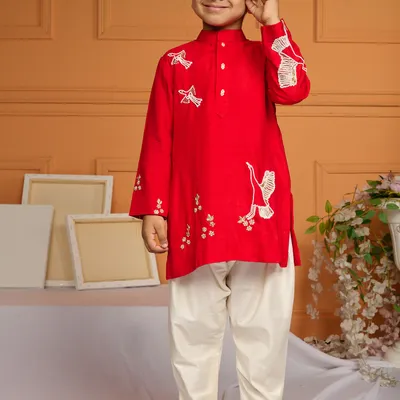 RED EMBROIDERED KURTA SET