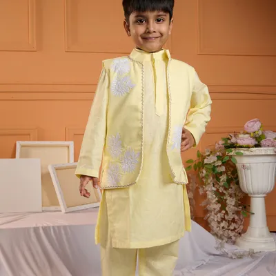 YELLOW KURTA WITH THREAD EMBROIDERED JACKET SET