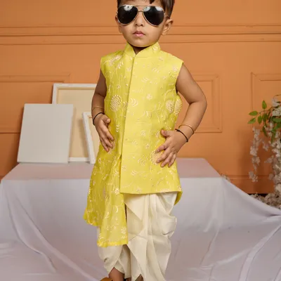 STYLISH YELLOW THREAD EMBROIDERED KURTA DHOTI SET