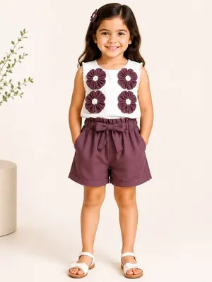Plum Floral Appliqué Top & Shorts Co-ord Set for Girls