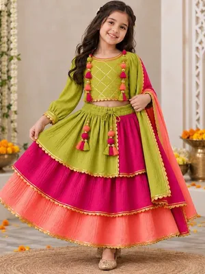 Lime Green, Fuchsia & Coral Festive Lehenga Set