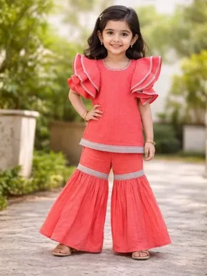 Girls Coral Frill Sleeve Top with Palazzo Set