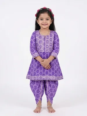 Girls Purple Printed Kurti with Dhoti Pant Set — Infant
