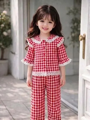 Red Gingham 3/4th Sleeve Lace Trim Co-ord Set for Girls — 2