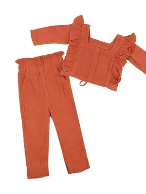 Terracotta Ruffle Cotton Co-ord Set — Infant