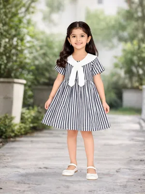 Girls Striped Cotton Dress with Bow Detail