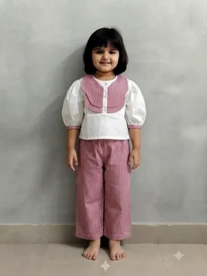 Red Striped Puff Sleeve Double Collar Co-ord Set for Girls