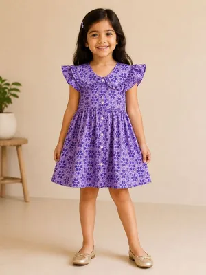 Girls Purple Floral Printed Dress with Frill Detail