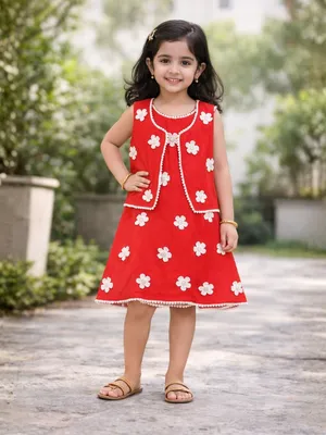 Girls Red Floral Embroidered Frock with Jacket Set
