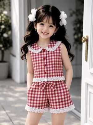 Red Gingham Lace Trim Shorts Co-ord Set for Girls