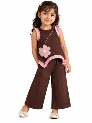 Chocolate Brown Floral Ruffle Co-ord Set for Girls