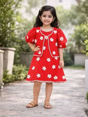 Girls Red Floral Embroidered Frock with Jacket Set Half Sleeve
