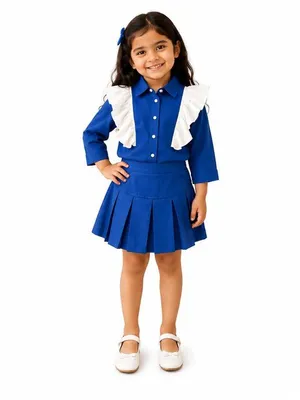 Royal Blue Ruffled Shirt & Pleated Skirt Co-ord Set for Girls