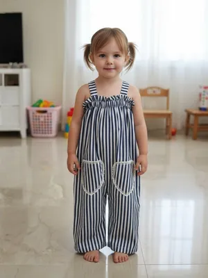 Girls Striped Cotton Jumpsuit with Heart Pocket Detail