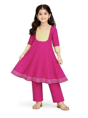 Girls Pink Ethnic Frock with Golden Yoke Design