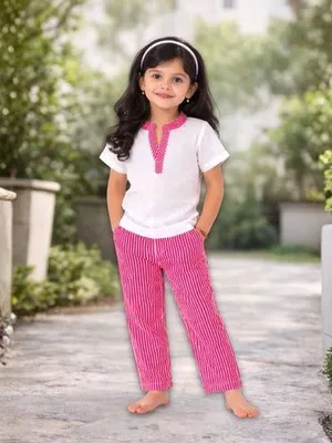 Girls White Top with Red Striped Pant Set